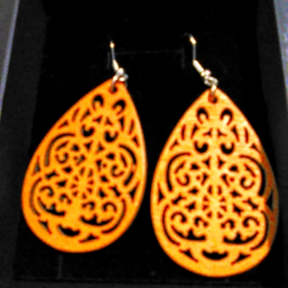 NEW Carved Wood Dark Yellow Earrings with alloy hooks